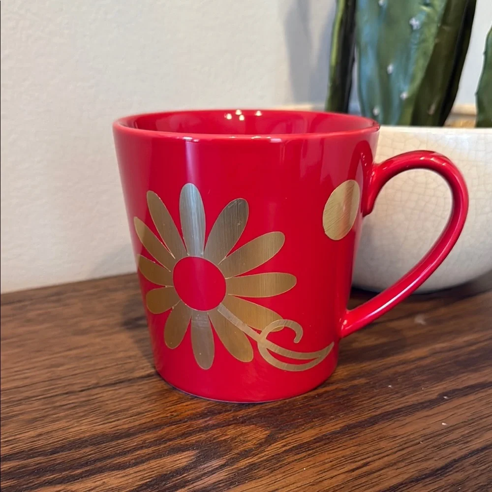Starbucks Red and Gold Floral Coffee Mug‎ Cup 2014 Wide Rim